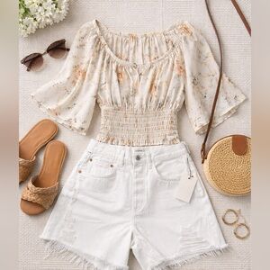 NWT Citizens of Humanity Annabelle Long Distressed Denim Shorts Whitesides White